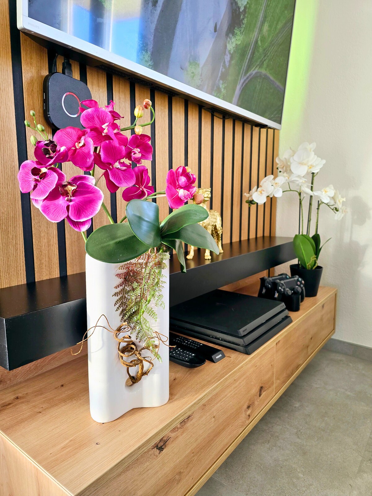 TV-Bereich mit Orchideen, PlayStation 4 und Akustikpaneelen